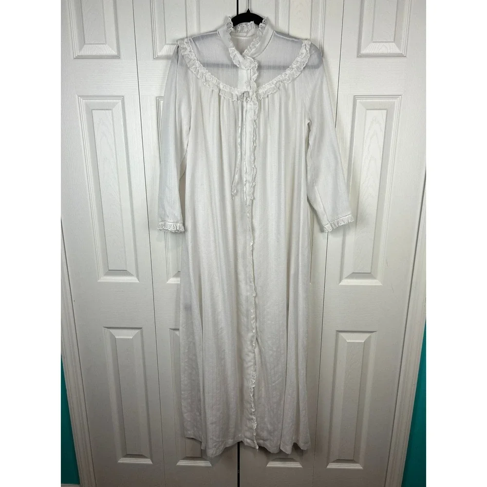 Vintage White Lace Trim Snap Front Maxi Nightgown Robe Small Cottagecore Regency